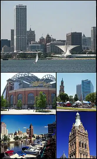 Do topo, da esquerda para a direita: Panorama de Milwaukee, Miller Park, Catedral de São João, o Evangelista, Rio Milwaukee e Prefeitura de Milwaukee