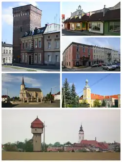 Do topo: Torre do Portão; rua de comércio; Prefeitura; igreja de São Pedro e São Paulo; castelo com torre; panorama e caixa d'água