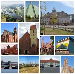 Do topo: Canal de Gliwice, igreja de Santo Eugênio de Mazenod, Gabinete distrital, igreja de São Nicolau, igreja de São Sigismundo e Santa Edviges da Silésia, igreja evangélica de Augsburgo, Pavilhão de Esportes e Lazer, castelo, eclusa Kłodnica, Grupa Azoty ZAK, estação ferroviária, igreja de Santa Catarina de Alexandria
