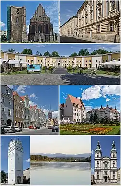 Do topo: Basílica de São Tiago e Santa Inês, Carolinum, fortaleza de Nysa, Cidade Velha, praça principal, Torre Breslávia, lago Nyskie, igreja da Assunção da Bem-Aventurada Virgem Maria