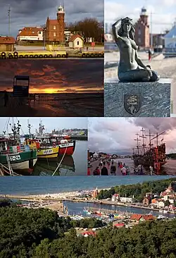 Ustka: farol, praia, sereia, navios no porto, entrada do porto, porto de Ustka com vista aérea