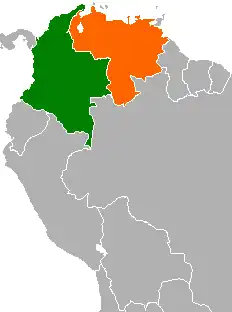 Mapa indicando localização da Colômbia e da Venezuela.