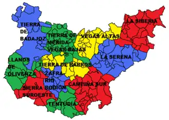 Mapa das comarcas da província de Badajoz