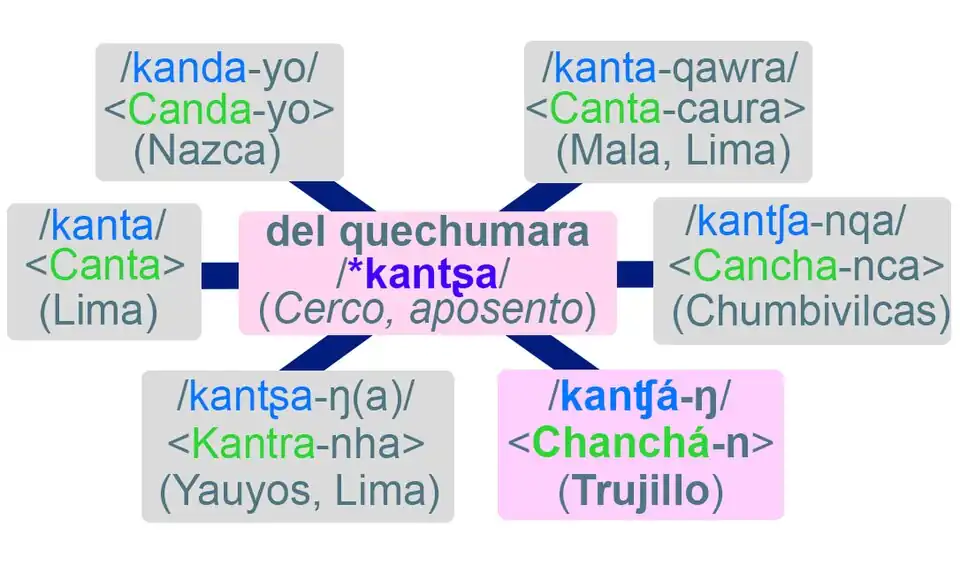 O topônimo Chanchán aparece relacionado a outros topônimos que possuem a mesma raiz Quechumara /*kantʂa/.