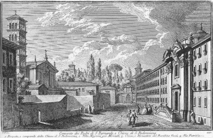 Vista da igreja à direita na Via Urbana em uma gravura de Giuseppe Vasi (década de 1750). À esquerda, Santa Pudenziana.