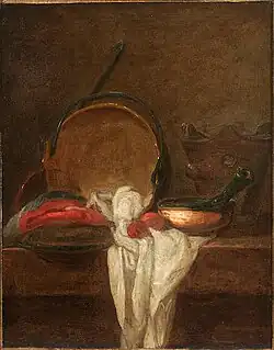 Panelas de Cozinha e Concha com um Pano Branco (1729), óleo sobre tela, 15 3/8 x 12 1/8 pol. (39,1 x 30,8 cm), Clark Art Institute