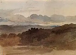 Uma pintura em aquarela, com um castelo escuro no meio rodeado por pintura verde escura e um céu escuro e rodopiante.