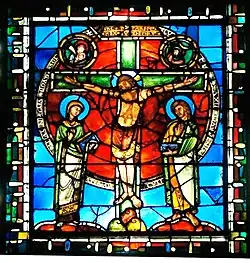 A Crucificação, parte do vitral da Redenção. 1155. Catedral de Châlons-en-Champagne, Châlons-en-Champagne (Marne)