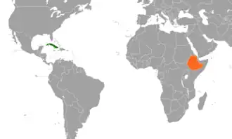 Mapa indicando localização de Cuba e da Etiópia.