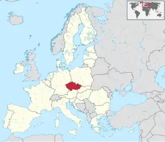 Localização da Tchéquia (em vermelho) No continente europeu (em cinza) Na União Europeia (em branco)