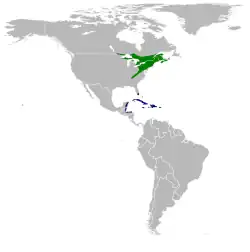Área de distribuição do S. caerulescens[1] &nbsp;&nbsp;&nbsp;&nbsp;&nbsp;Área de reprodução&nbsp;&nbsp;&nbsp;&nbsp;&nbsp;Área de invernada