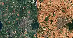 duas imagens de satélite mostrando o mesmo local com um ano de diferença. A imagem na esquerda mostra plantações verdes e abundantes, enquanto que a da direita mostra quase apenas terras sem vegetação