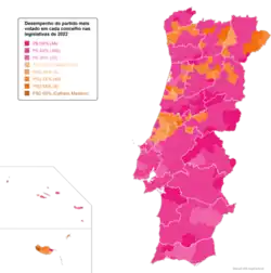 Votação do partido que liderou em cada concelho, por votos validamente expressos.