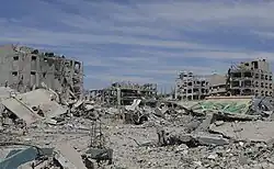 Campo de refugiados de Jabalia em 2024, amplamente destruído por bombardeio israelense durante a guerra de Gaza e o genocídio.