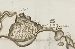 Detalhe do mapa Capitania do Espíritu Sancto, de cerca de 1612, com detalhe para a mais antiga planta da Vila do Espírito Santo, atual Vila Velha, que se conhece