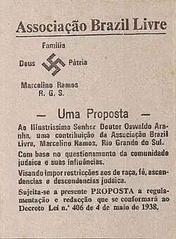 Com o lema "Deus, pátria e família", nazistas gaúchos pedem a Oswaldo Aranha a proibição da entrada de judeus no Brasil, 1938