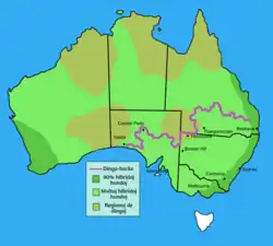 Distribuição de Dingos híbridos na Austrália, excluindo tasmânia.