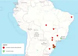 Distribuição das Cystopteridaceae no Brasil. Cystopteris diaphana (em vermelho) e Cystioteris fragilis (em verde). Mapa retirado do Herbário Virtual Reflora.