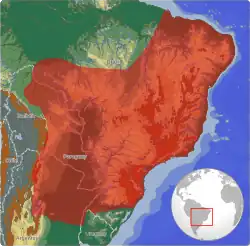 Em vermelho, a distribuição da espécie na América do Sul