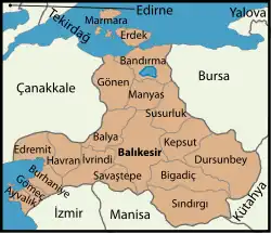 Mapa dos distritos da província de Baliquesir