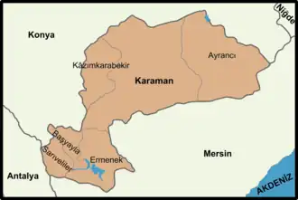 Mapa dos distritos da província de Caramânia