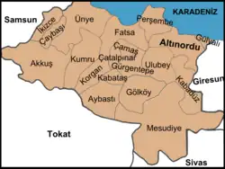 Mapa dos distritos da província de Ordu