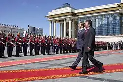 Dmitry Medvedev, o então presidente da Rússia, na Praça Sükhbaatar em agosto de 2009.