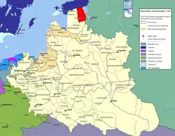 Mapa mostrando a localização da voivodia de Dorpat (em vermelho) na República das Duas Nações.