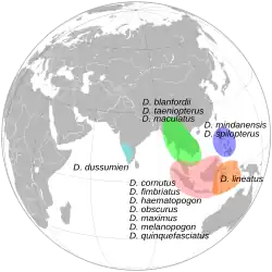 A área de distribuição do Draco dussumieri em relação à área de distribuição de algumas outras espécies do gênero Draco
