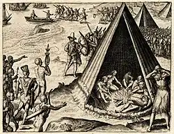 Desembarque de Drake na Califórnia, gravura publicada em 1590 por Theodor de Bry