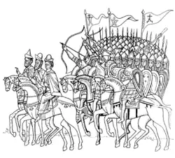 O drujina de Novgorod lutando contra Suzdal no séc. XIII (de um desenho novgorodiano do séc. XV).