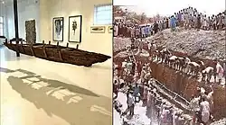 duas imagens lado a lado. Uma é de uma canoa de madeira fossilizada exposta em um museu e outra registra uma série de pessoas carregando areia retirada ao redor do local onde a canoa foi encontrada