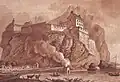 Dumbarton castle in 1800 and functioning lime kiln with smoke in the foreground.