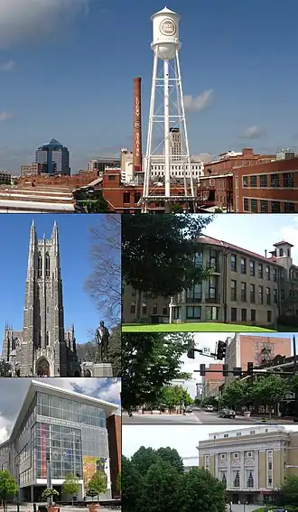 Do topo, em sentido horário: panorama de Durham, North Carolina School of Science and Mathematics, Five Points, Carolina Theatre, Durham Performing Arts Center, Duke Chapel.
