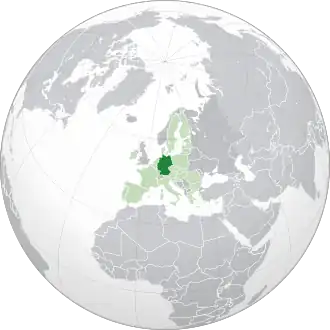 Localização da Alemanha (em verde escuro) na União Europeia (em verde claro)