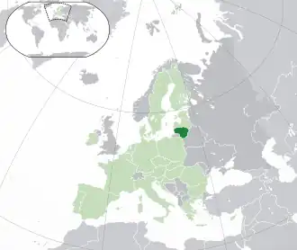 Localização da Lituânia (em verde) No continente europeu (em cinza) Na União Europeia (em verde claro)