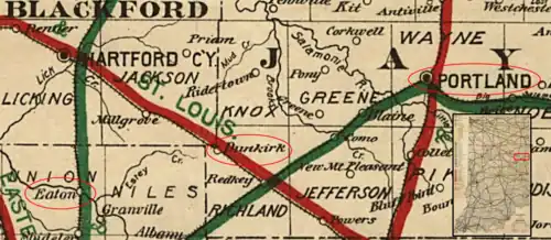 mapa antigo do condado de Jay, Indiana, e áreas adjacentes nos condados de Blackford e Delaware