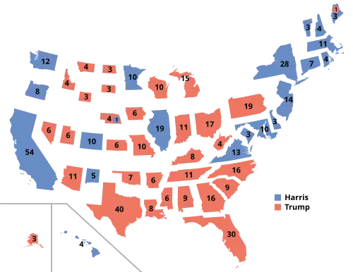 Um cartograma descontínuo dos resultados dos estados, dimensionado de acordo com sua contribuição ao Colégio Eleitoral.