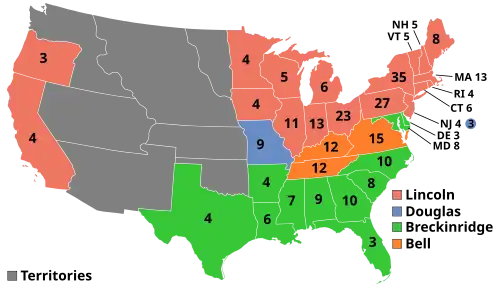 Map of the U.S. showing Lincoln winning the North-east and West, Breckinridge winning the South, Douglas winning Missouri, and Bell winning Virginia, West Virginia, and Kentucky.