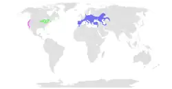 Legenda: &nbsp;&nbsp;Distribuição de Emys trinacris. &nbsp;&nbsp;Distribuição de Emys orbicularis. &nbsp;&nbsp;Distribuição de Emydoidea blandingii (anteriormente Emys blandingii) &nbsp;&nbsp;Distribuição de Actinemys marmorata (anteriormente Emys marmorata)