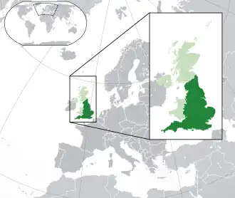 Localização da Inglaterra (em verde escuro) No Reino Unido (em verde claro) No continente europeu (em cinza escuro)