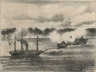 A canhoneira Araguary, comandada por Hoonholtz, incendiando o vapor Marquês de Olinda (Semana Ilustrada, 1865).