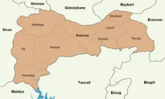 Localização do distrito de Terjane (Tercan) na província de Erzinjane