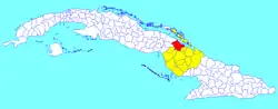 O município de Esmeralda (em vermelho) dentro da província de Camagüey (em amarelo).