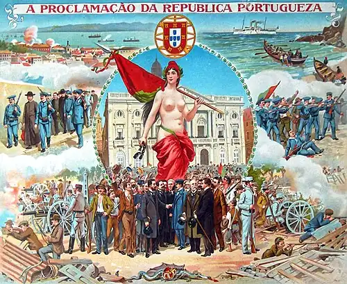 Na ilustração comemorativa da Proclamação da República Portuguesa, a serpe real abatida é vista perto do fundo e simboliza a queda da monarquia portuguesa.