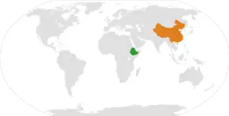 Mapa indicando localização da Etiópia e da China.