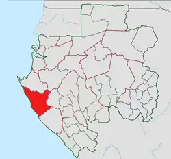 Mapa do Gabão com Etimboué destacado em cor vermelha. A província fica à oeste do país.