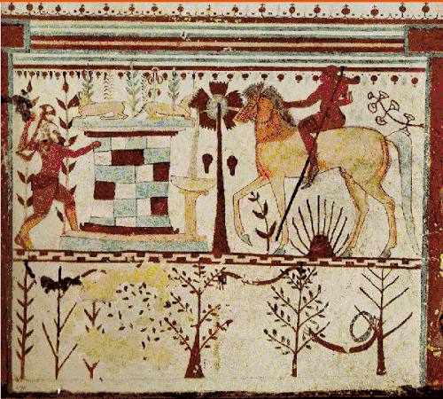 Troilo e Aquiles, etrusca. Tumba dos Touros, Tarquinia, século VI a.C.