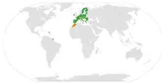 Localização de Marrocos e da União Europeia no mapa mundo.