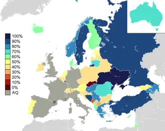Map of countries in Europe, North Africa and Western Asia, with Australia as an insert in the top-right corner, shaded to indicate their semi-final qualification rates: countries with high rates are shown in shades of blue, while countries with low rates are shown in shades of red and orange